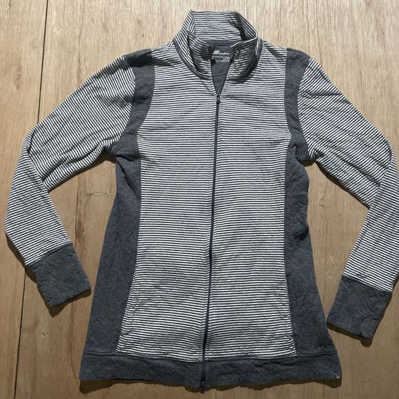 Eddie Bauer Sweater Women Med Gray Striped‎ Full Zip Outdoor Hike Casual Ladies - Picture 1 of 7